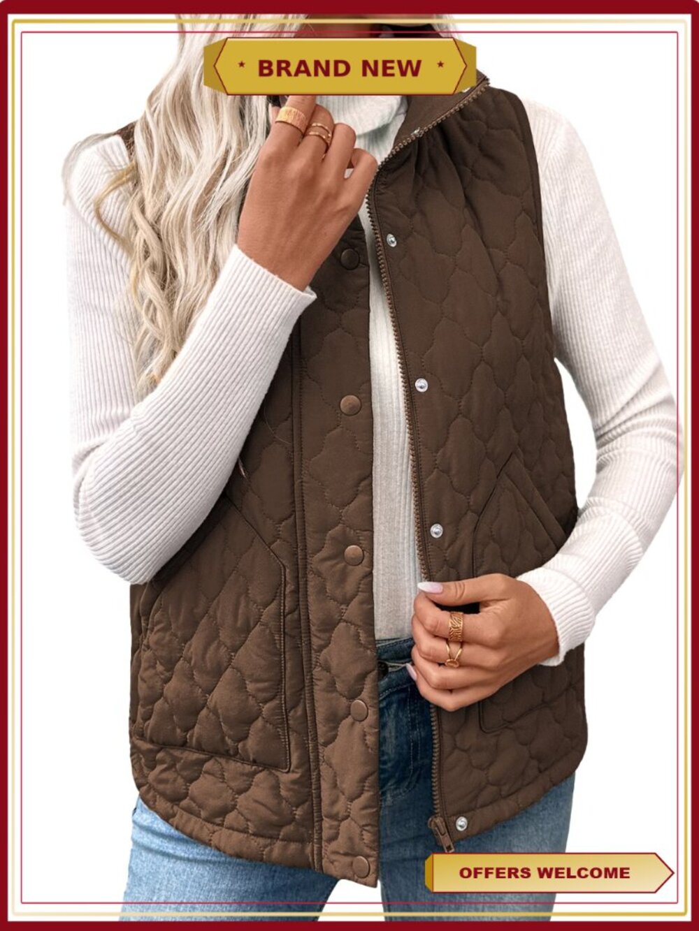 SHEWIN Womens Puffer Vest Lightweight Quilted Sleeveless Button Zip Up